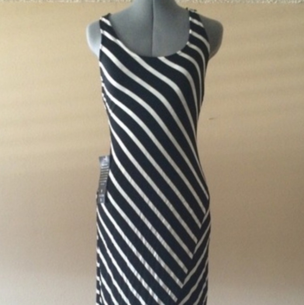 Bebe Black and White Sheath Midi Dress Scoop Neck Sleeveless